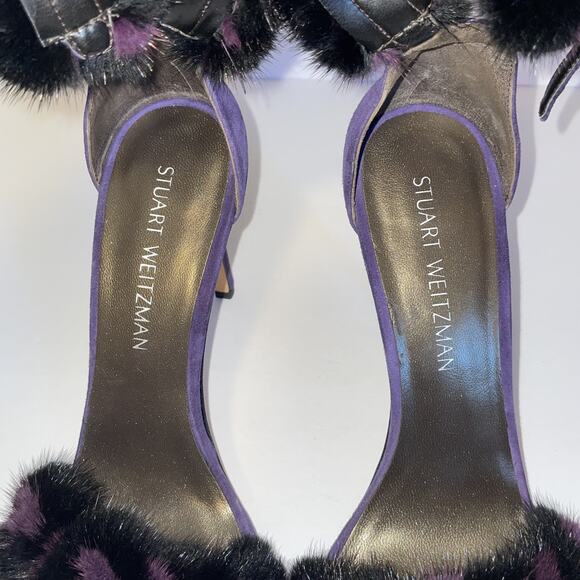 Stuart Weitzman Shoes Womens Size 8.5 Purple Fur Suede High Heel Sandals Strap - Picture 16 of 16